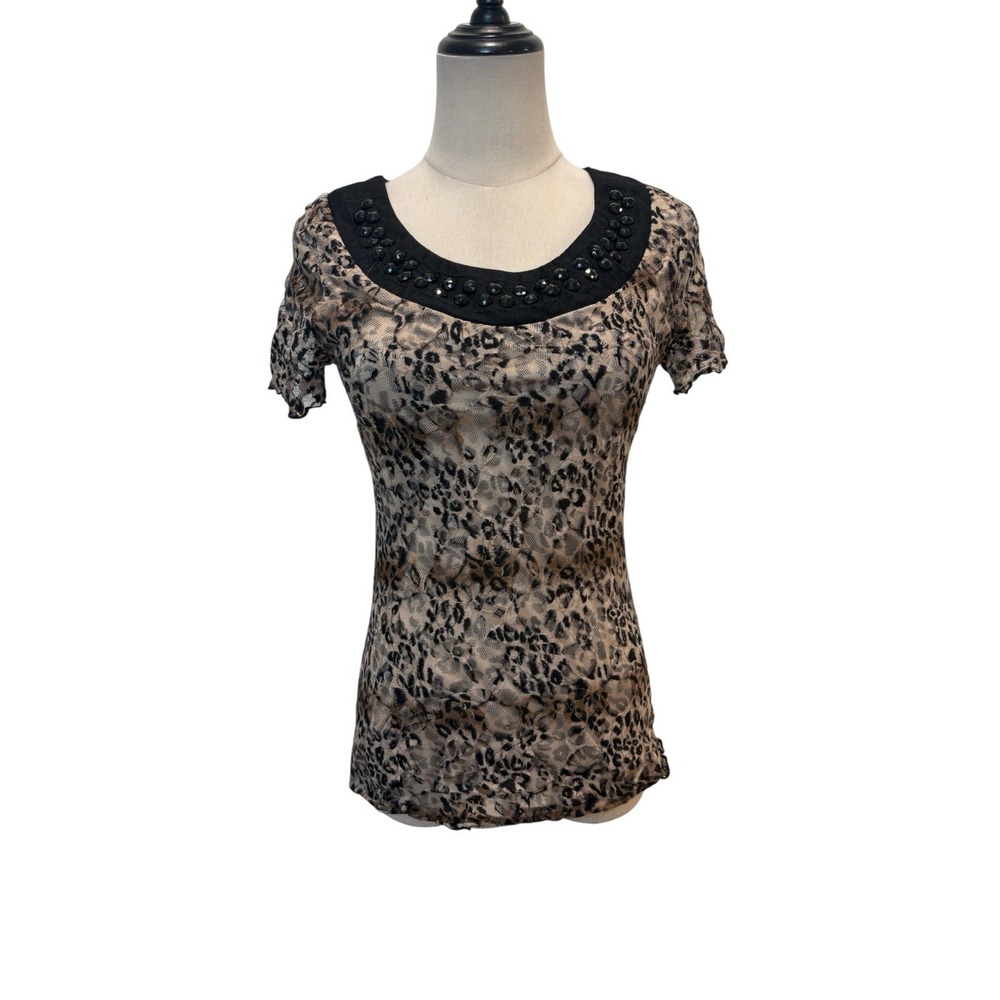 Vtg Y2K Leopard Print Lace Mesh Top Sz S Studded Indie Sleeze‎ Mall Goth Party